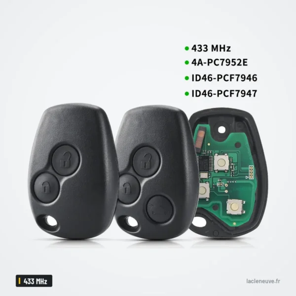 Clé télécommande 433 MHz pour Renault Twingo, Dacia Duster, Logan - trois coques assemblées à côté d'un circuit ouvert