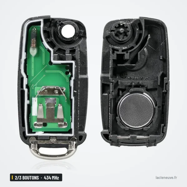 Clé télécommande 434 MHz 2/3 boutons pour Volkswagen Golf, Passat, puce ID48 - coque ouverte, intérieur et pile visibles