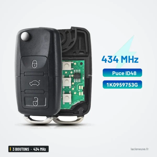 Clé télécommande 434 MHz 3 boutons pour Volkswagen Golf, Passat, puce ID48 - coque ouverte, circuit et étiquette visibles