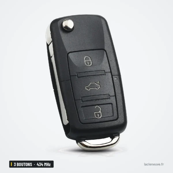 Clé télécommande 434 MHz 3 boutons pour Volkswagen Golf, Passat, puce ID48 - vue de face, lame repliée