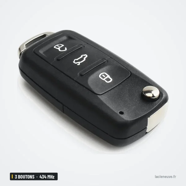 Clé télécommande 434 MHz 3 boutons pour VW Golf, Polo, Passat, puce ID48 - vue de trois quarts, clé pliée