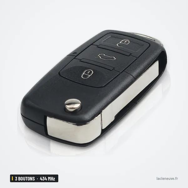 Clé télécommande 434 MHz 3 boutons pour VW Golf, Polo, Seat Leon, puce ID48 - vue de dos, lame sortie