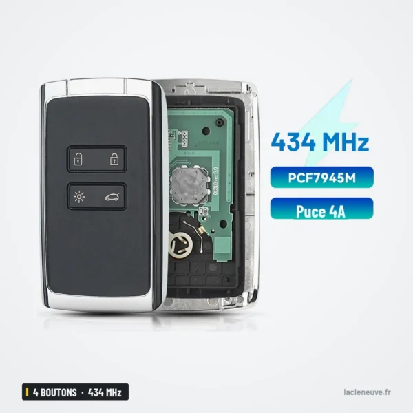 Clé télécommande 434 MHz 4 boutons pour Renault Mégane 4, Talisman, Espace - coque ouverte, circuit et pile visibles