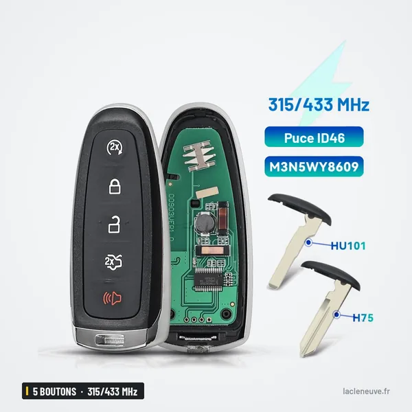 Clé télécommande 5 boutons pour Ford C-Max, Focus, Edge, Escape, 315/433 MHz - vue de face et de profil avec deux lames