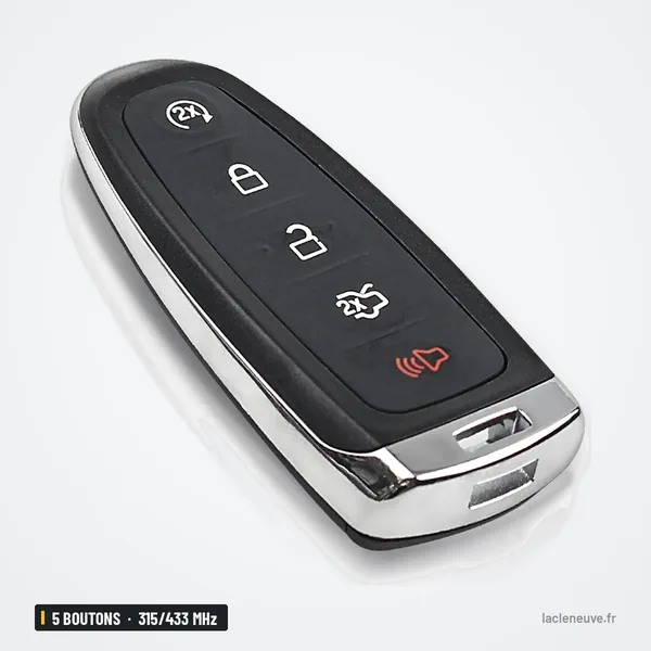 Clé télécommande 5 boutons pour Ford C-Max, Focus, Edge, Escape, 315/433 MHz - coque chromée vue de face, sans lame