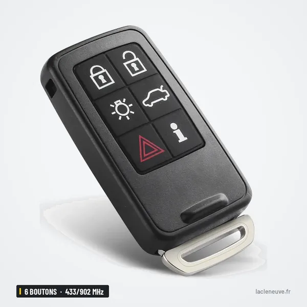 Clé télécommande 6 boutons pour Volvo XC60, XC70, S60, V70, 433/902 MHz - vue de trois quarts, coque fermée
