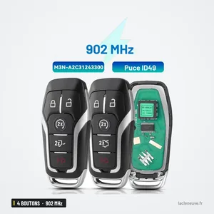 Clé télécommande 902 MHz 4 boutons pour Ford Explorer, Edge, Mustang - trois modèles de télécommande posés côte à côte Clé télécommande 902 MHz 4 boutons pour Ford Explorer, Edge, Mustang - trois modèles de télécommande posés côte à côte