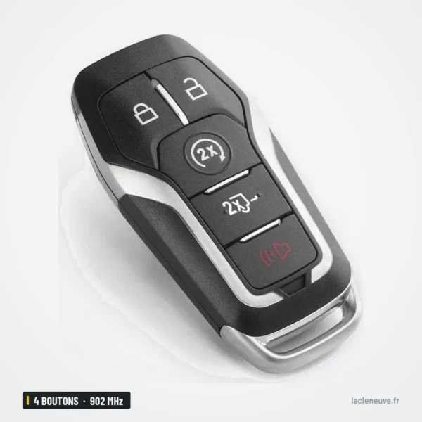 Clé télécommande 902 MHz 4 boutons pour Ford Explorer, Edge, Mustang - vue de face, boutons de verrouillage visibles