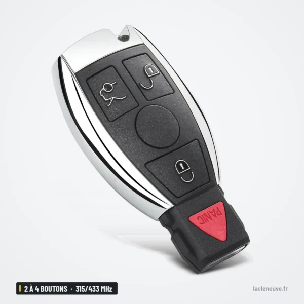 Clé télécommande BGA 2 à 4 boutons pour Mercedes-Benz (2000+), 315/433 MHz - vue de profil, logo triangulaire