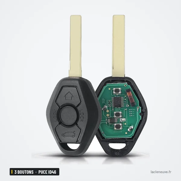 Clé télécommande CAS2 3 boutons pour BMW Série 1, 3, 5, X5, puce ID46 - coque ouverte montrant le circuit imprimé