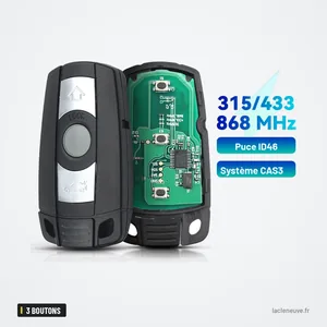 Clé télécommande intelligente 3 boutons pour BMW X5, X6, Z4, Série 1 - coque ouverte, circuit imprimé et pile visibles Clé télécommande intelligente 3 boutons pour BMW X5, X6, Z4, Série 1 - coque ouverte, circuit imprimé et pile visibles