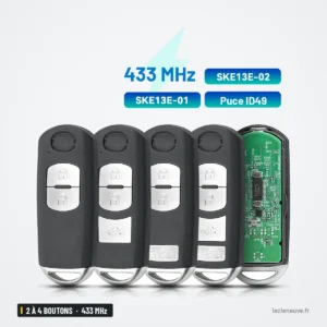 Clé télécommande intelligente 433 MHz 2 à 4 boutons pour Mazda CX-3, CX-5 - quatre clés alignées, vue de face Clé télécommande intelligente 433 MHz 2 à 4 boutons pour Mazda CX-3, CX-5 - quatre clés alignées, vue de face