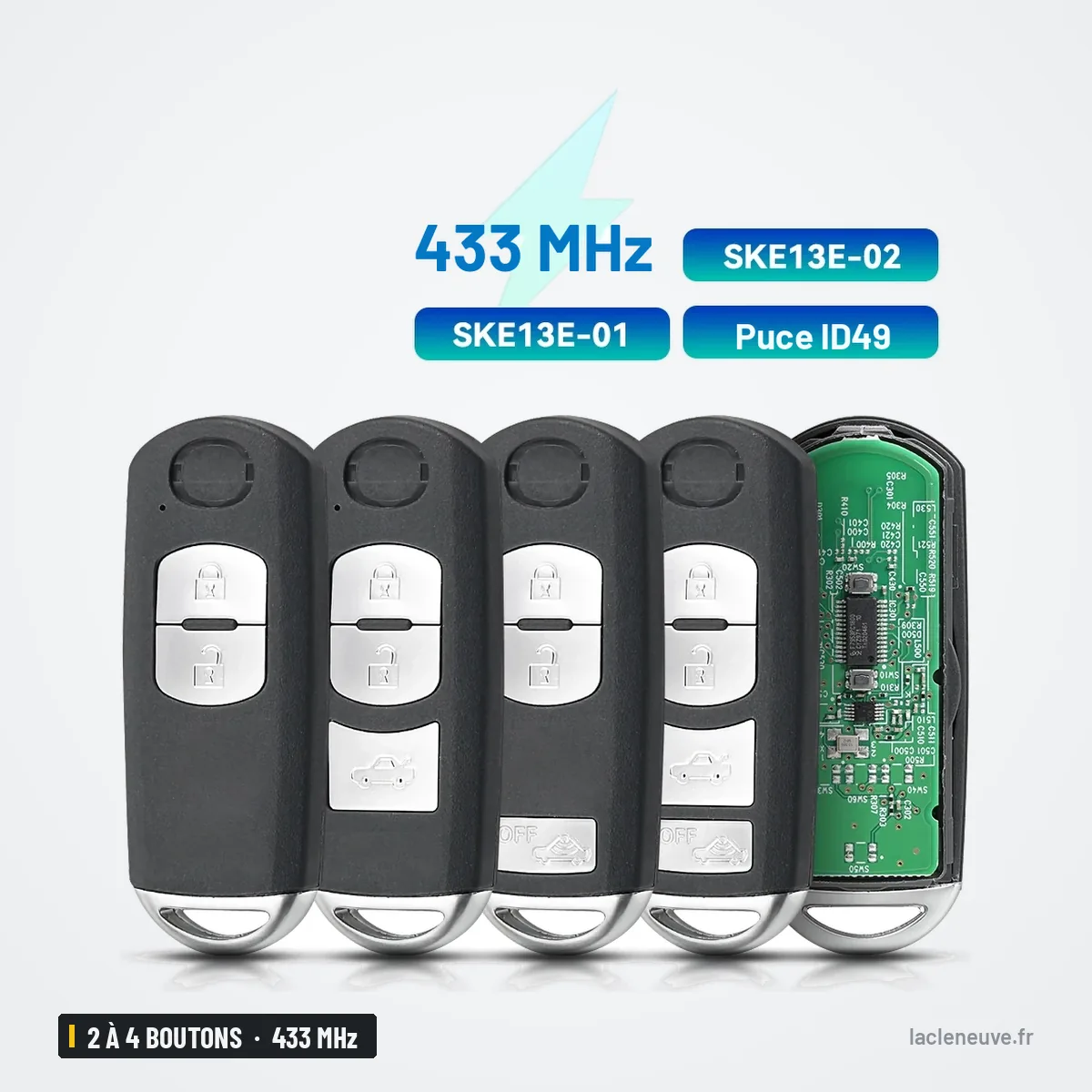 Clé télécommande intelligente 433 MHz 2 à 4 boutons pour Mazda CX-3, CX-5 - quatre clés alignées, vue de face