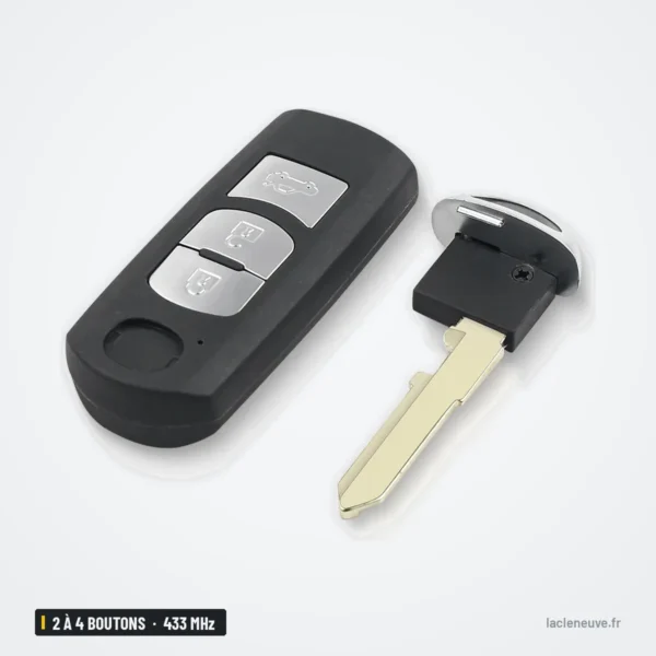 Clé télécommande intelligente 433 MHz 2 à 4 boutons pour Mazda CX-3, CX-5 - vue de face avec une clé à lame plate