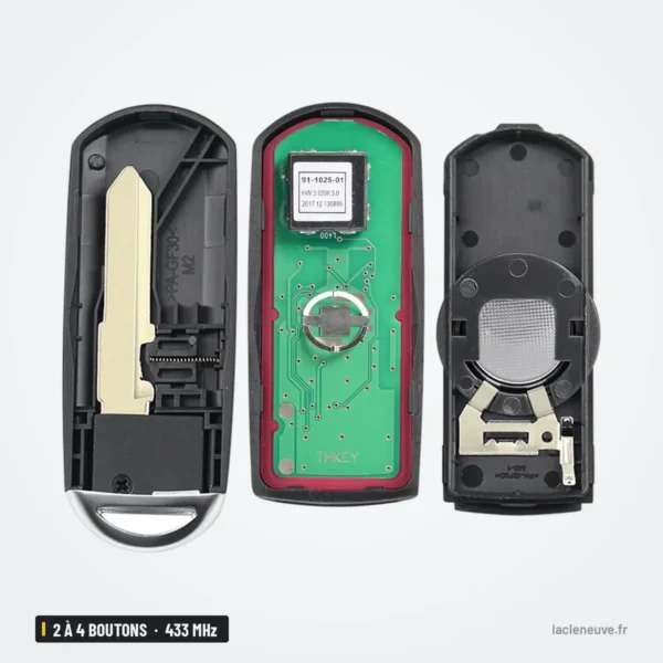 Clé télécommande intelligente 433 MHz 2 à 4 boutons pour Mazda CX-3, CX-5 - coque démontée en lame, circuit et dos