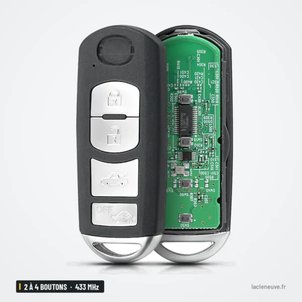 Clé télécommande intelligente 433 MHz 2 à 4 boutons pour Mazda CX-3, CX-5 - faces avant et arrière assemblées côte à côte