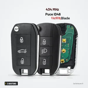 Clé télécommande pliante 3 boutons pour Peugeot 308, Citroën C4, C5, HU83/VA2 - coque ouverte avec circuit, boutons et lame Clé télécommande pliante 3 boutons pour Peugeot 308, Citroën C4, C5, HU83/VA2 - coque ouverte avec circuit, boutons et lame