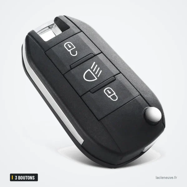 Clé télécommande pliante 3 boutons pour Peugeot 308, Citroën C4, C5, HU83/VA2 - clé pliée, vue de face, trois boutons