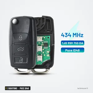 Clé télécommande pliante 3 boutons pour VW Passat, Polo, Skoda - coque ouverte, circuit imprimé visible à l'intérieur