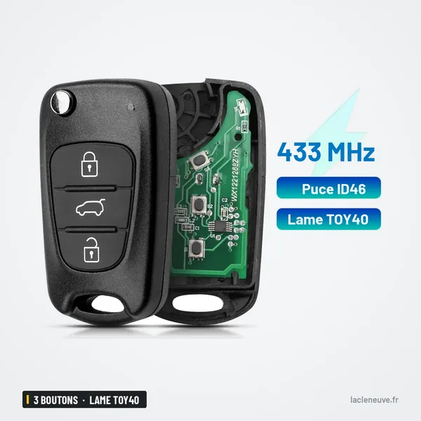 Clé télécommande pliante 433 MHz 3 boutons pour Hyundai i30, ix35, lame TOY40 - coque ouverte avec circuit vert visible