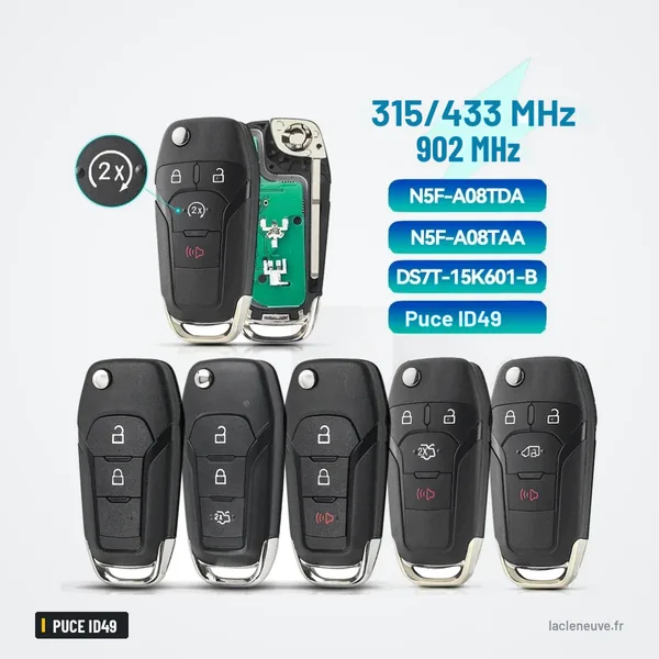 Clé télécommande à puce ID49 pour Ford F150, Ranger, Mondeo, S-Max - cinq variantes alignées avec données techniques