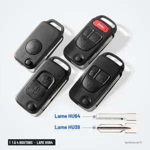 Coque de clé 1 à 4 boutons pour Mercedes-Benz Classe A, C, E, SLK, lame HU64 - quatre modèles de coque assemblés côte à côte