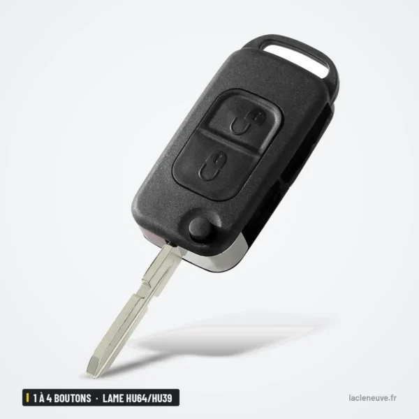 Coque de clé 1 à 4 boutons pour Mercedes Classe A, C, E, S, lame HU64/HU39 - vue de face, lame dépliée