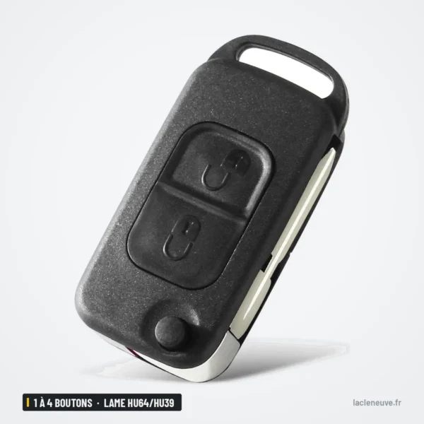 Coque de clé 1 à 4 boutons pour Mercedes Classe A, C, E, S, lame HU64/HU39 - vue de face, boutons et logo visibles