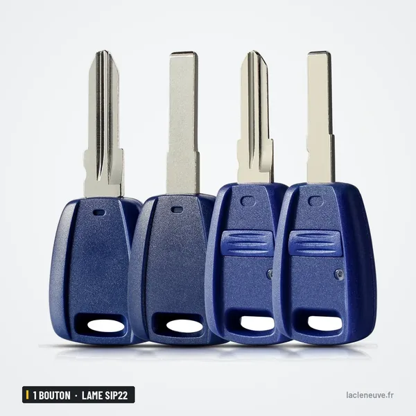 Coque de clé 1 bouton pour Fiat Punto, Doblo, Bravo, Stilo, lame SIP22 - quatre lames de clé alignées