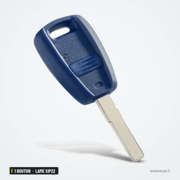 Coque de clé 1 bouton pour Fiat Punto, Doblo, Bravo, Stilo, lame SIP22 - vue de trois quarts, lame visible