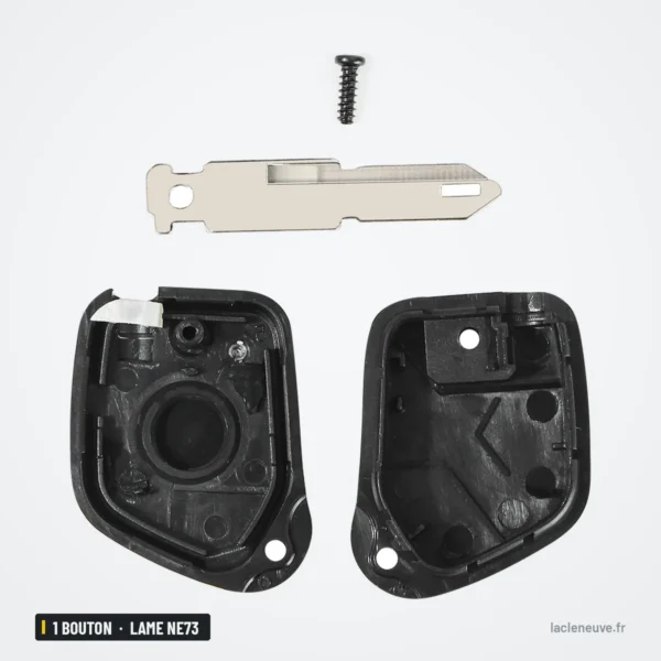 Coque de clé 1 bouton pour Peugeot 106, 205, 206, 306, lame NE73 - lame dentée, vis et deux demi-coques séparées