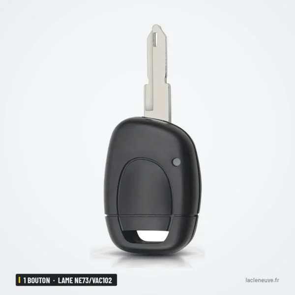 Coque de clé 1 bouton pour Renault Twingo, Clio, Kangoo, lame NE73/VAC102 - vue de trois quarts, bouton visible