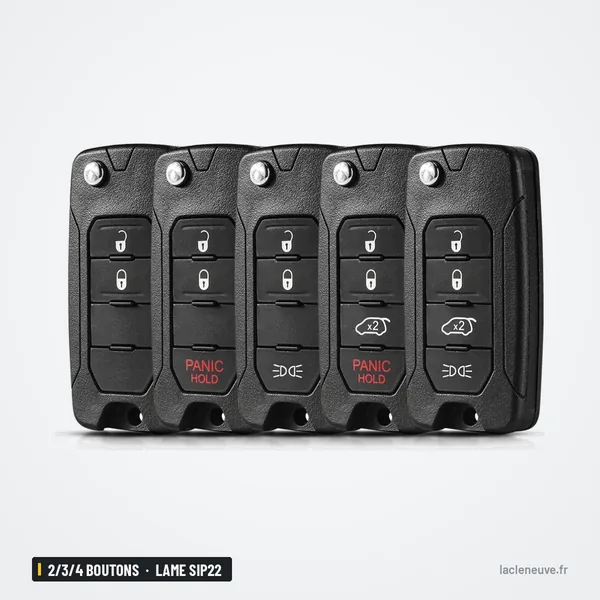 Coque de clé 2/3/4 boutons pour Jeep Wrangler, Renegade, Compass, lame SIP22 - cinq coques alignées en plusieurs versions