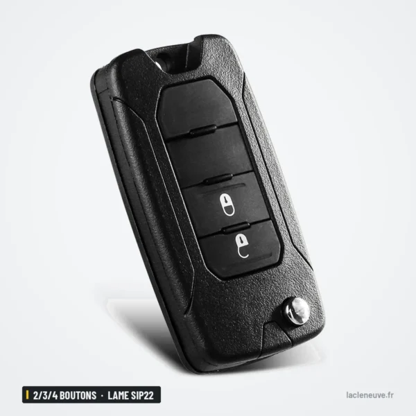 Coque de clé 2/3/4 boutons pour Jeep Wrangler, Renegade, Compass, lame SIP22 - coque à trois boutons, vue en angle