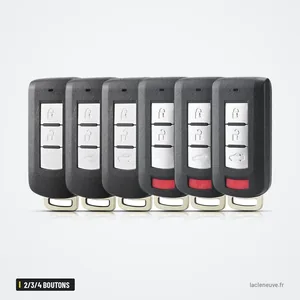 Coque de clé 2/3/4 boutons pour Mitsubishi Outlander, ASX, Pajero, Lancer - six coques alignées, bouton rouge visible