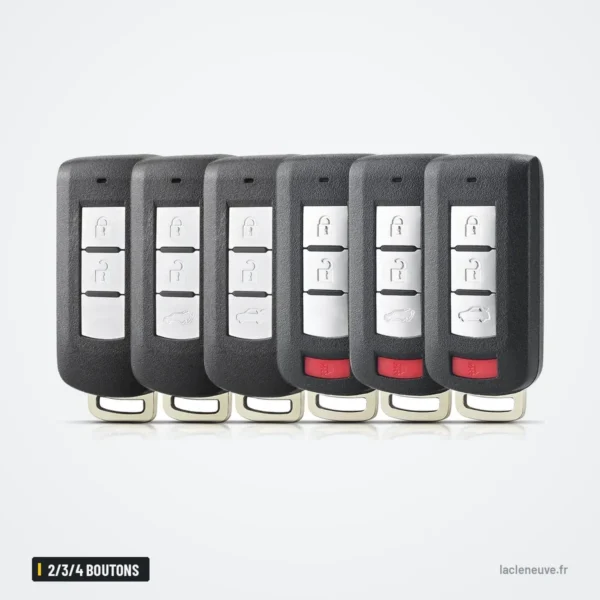 Coque de clé 2/3/4 boutons pour Mitsubishi Outlander, ASX, Pajero, Lancer - six coques alignées, bouton rouge visible