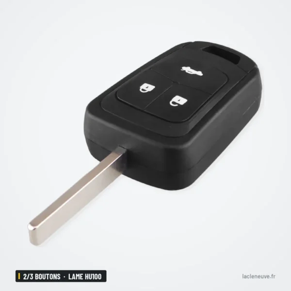 Coque de clé 2/3 boutons pour Chevrolet Aveo, Cruze, Malibu, lame HU100 - lame dépliée à angle droit, vue de profil