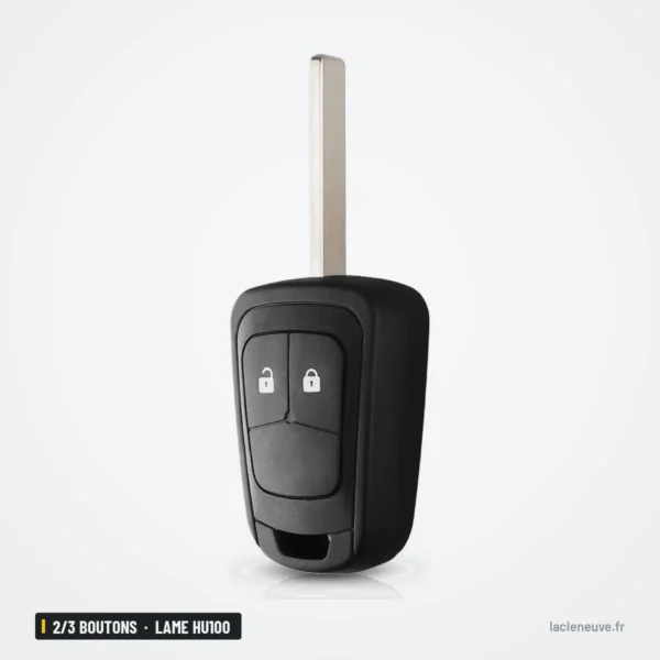 Coque de clé 2/3 boutons pour Chevrolet Aveo, Cruze, Malibu, Sonic, lame HU100 - vue de face, lame dépliée verticalement
