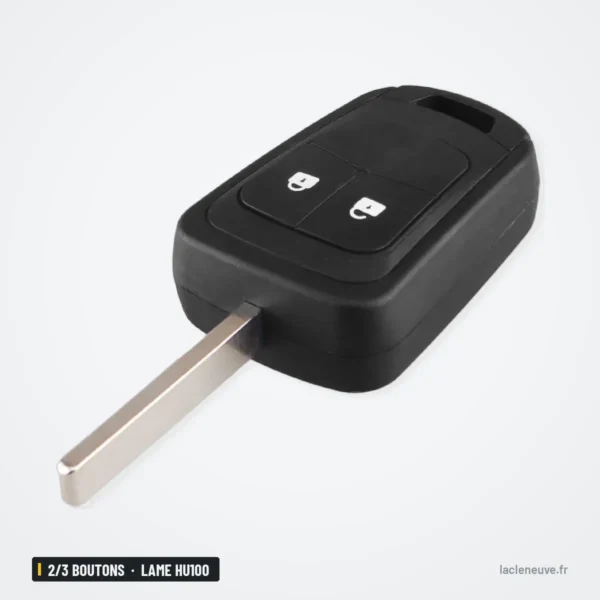 Coque de clé 2/3 boutons pour Chevrolet Aveo, Cruze, Malibu, Sonic, lame HU100 - vue de profil, boutons et lame visibles