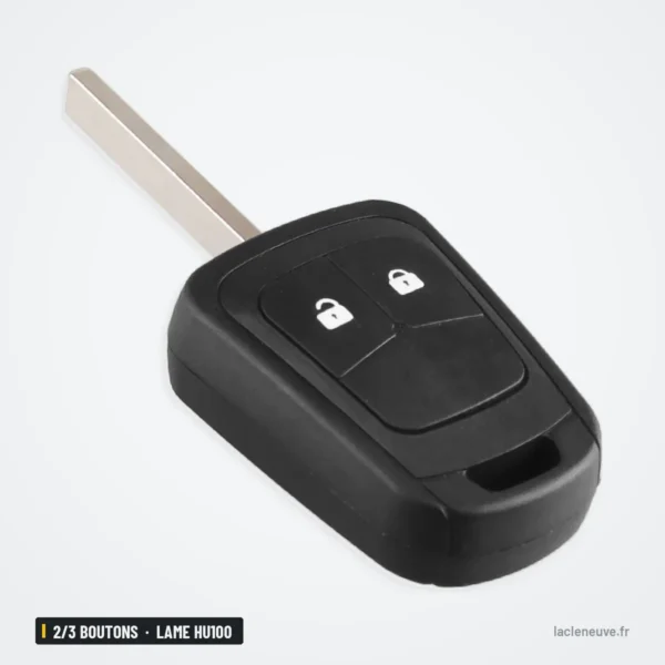 Coque de clé 2/3 boutons pour Chevrolet Aveo, Cruze, Malibu, Sonic, lame HU100 - vue inclinée, lame et boutons visibles