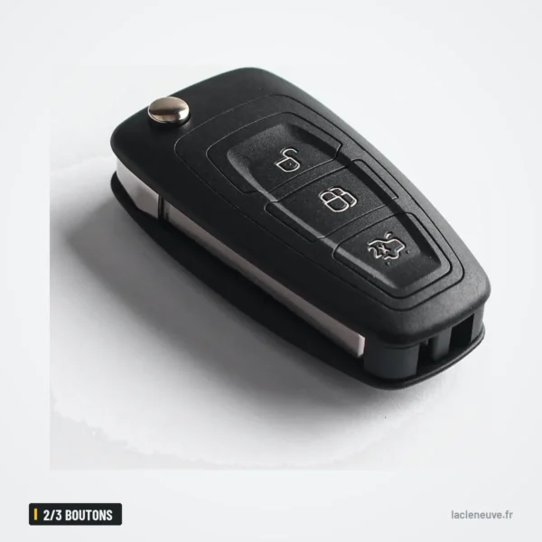 Coque de clé 2/3 boutons pour Ford Focus, Mondeo, C-Max, S-Max, HU101/FO21 - vue en angle, lame repliée
