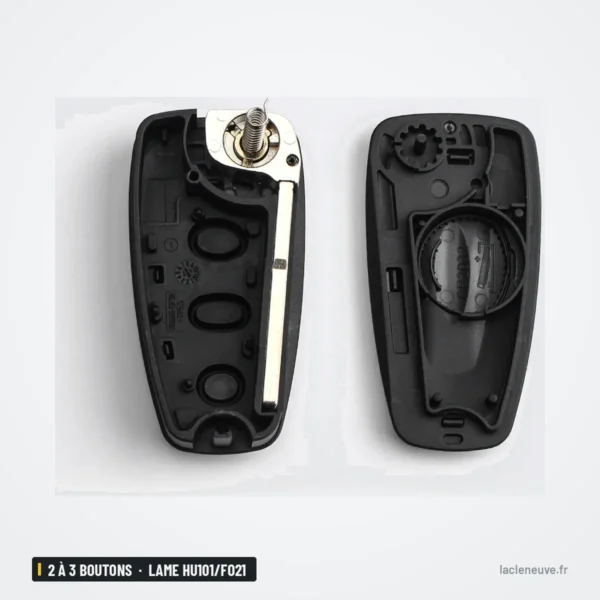 Coque de clé 2 à 3 boutons pour Ford Ranger, lame HU101/FO21 - coque ouverte montrant barillet et logement pile