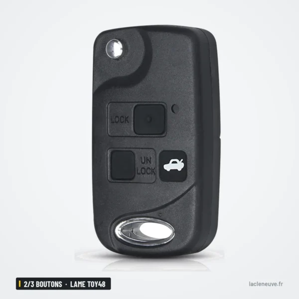Coque de clé 2/3 boutons pour Lexus ES300, GS300, LS400, RX300, lame TOY48 - vue de face légèrement inclinée, anneau visible