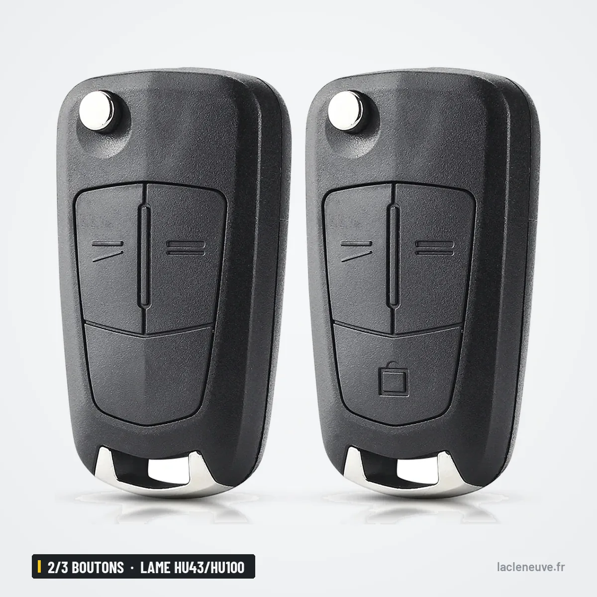 Coque de clé 2/3 boutons pour Opel Astra H, Corsa D, Zafira, lame HU43/HU100 - deux coques identiques vue de dos Coque de clé 2/3 boutons pour Opel Astra H, Corsa D, Zafira, lame HU43/HU100 - deux coques identiques vue de dos