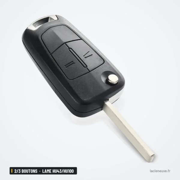 Coque de clé 2/3 boutons pour Opel Astra H, Corsa D, Zafira, lame HU43/HU100 - vue de face, lame déployée, boutons alignés