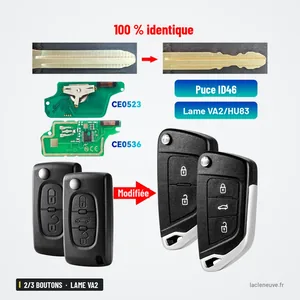 Coque de clé 2/3 boutons pour Peugeot 107, 207, 307, 308 - comparaison entre lame d'origine et lame reproduite Coque de clé 2/3 boutons pour Peugeot 107, 207, 307, 308 - comparaison entre lame d'origine et lame reproduite