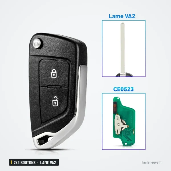 Coque de clé 2/3 boutons pour Peugeot 107, 207, 307, 308, lame VA2 ou HU83 - coque pliée avec deux encarts de lames