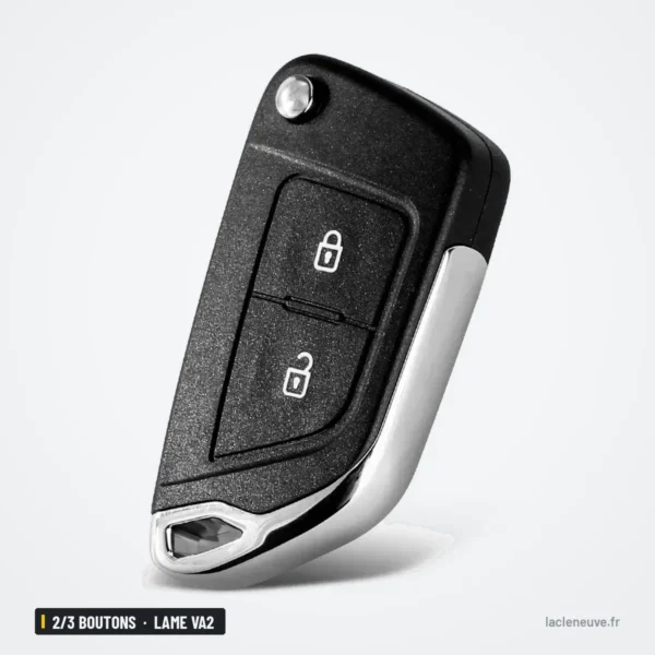 Coque de clé 2/3 boutons pour Peugeot 107, 207, 307, 308, lame VA2 ou HU83 - coque pliée, vue de face rapprochée