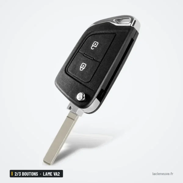 Coque de clé 2/3 boutons pour Peugeot 107, 207, 307, 308, lame VA2 ou HU83 - coque pliée, vue de face, boutons différents