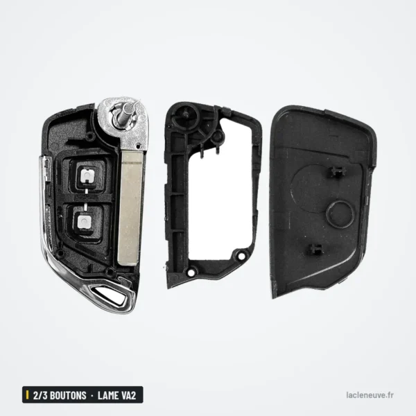 Coque de clé 2/3 boutons pour Peugeot 107, 207, 307, 308, lame VA2 ou HU83 - coque démontée en trois éléments